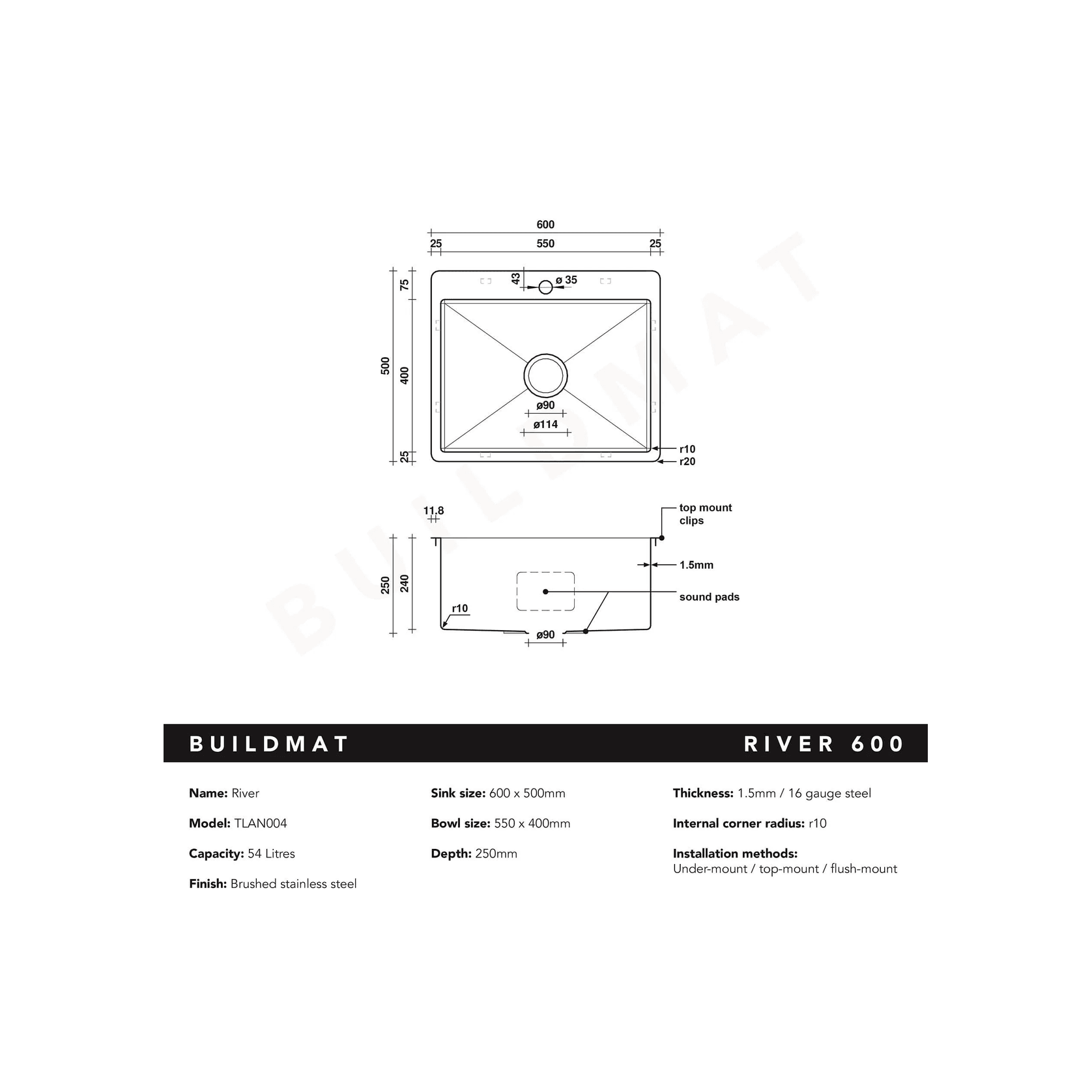River 600x500 Medium Single Bowl Tap Landing Sink gallery detail image
