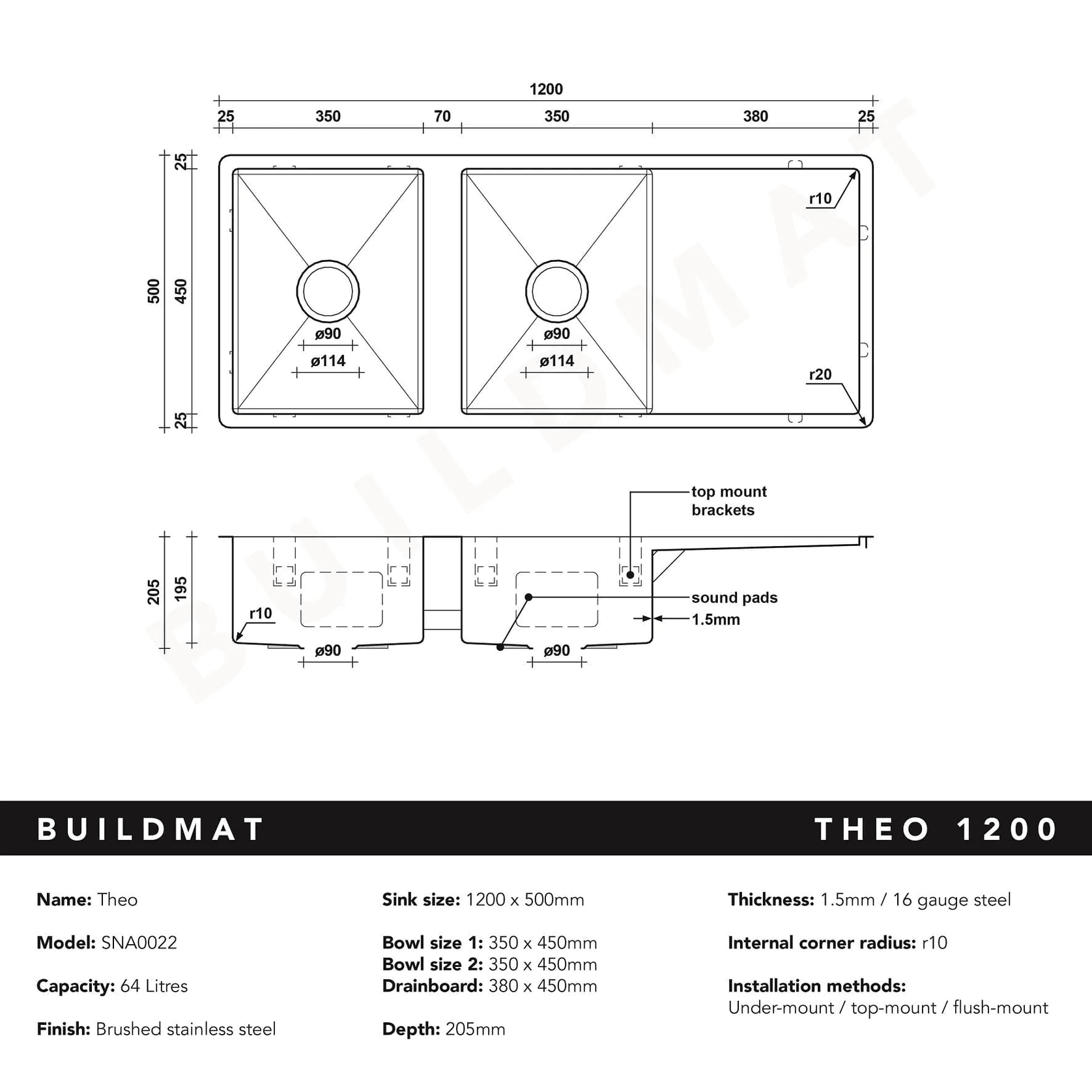 Theo 1200x500 Double Bowl with Drain Board Sink With Taphole Left Hand Drainboard gallery detail image