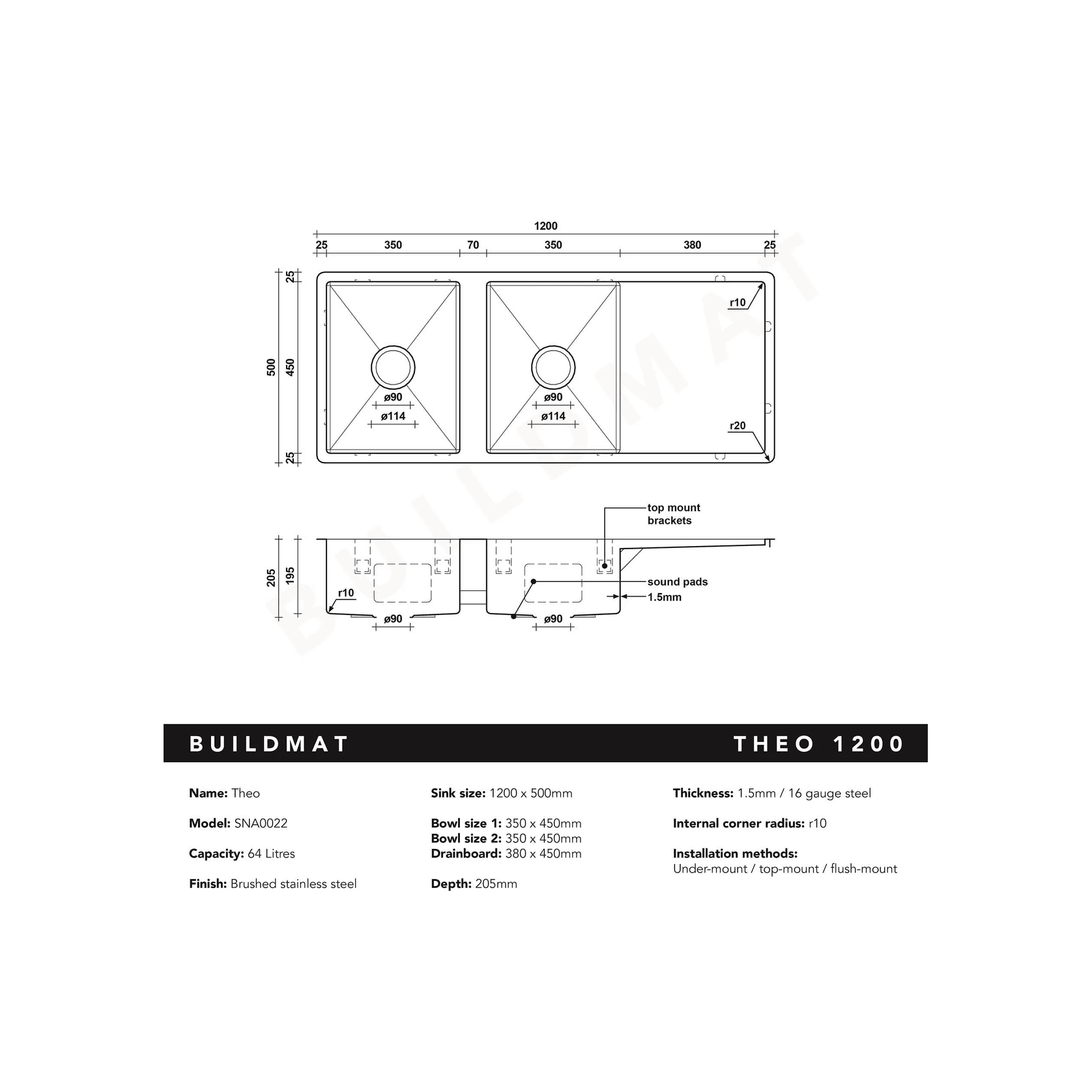 Theo 1200x500 Double Bowl with Drain Board Sink gallery detail image