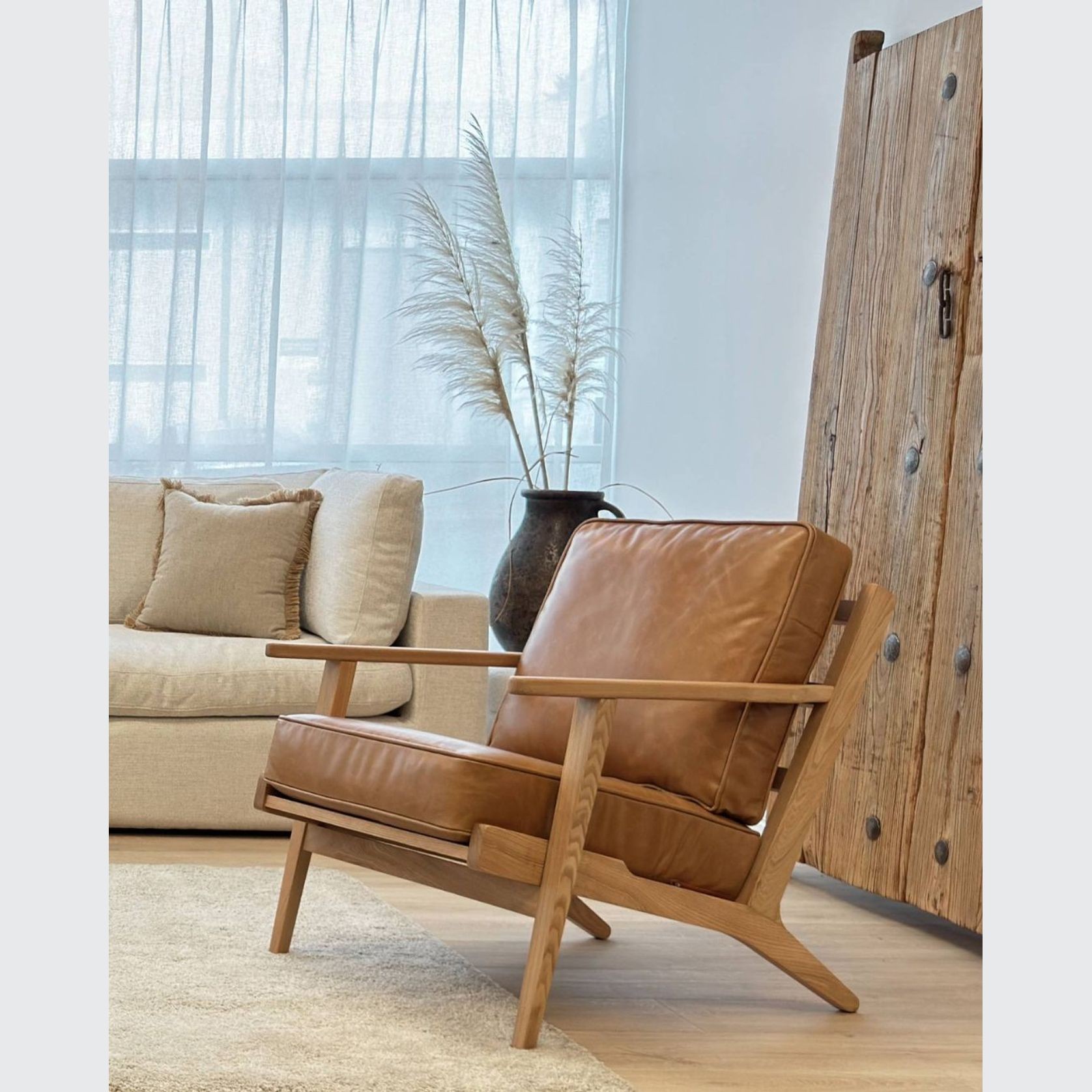 Lodge Armchair - Camel Leather | Oak Frame gallery detail image