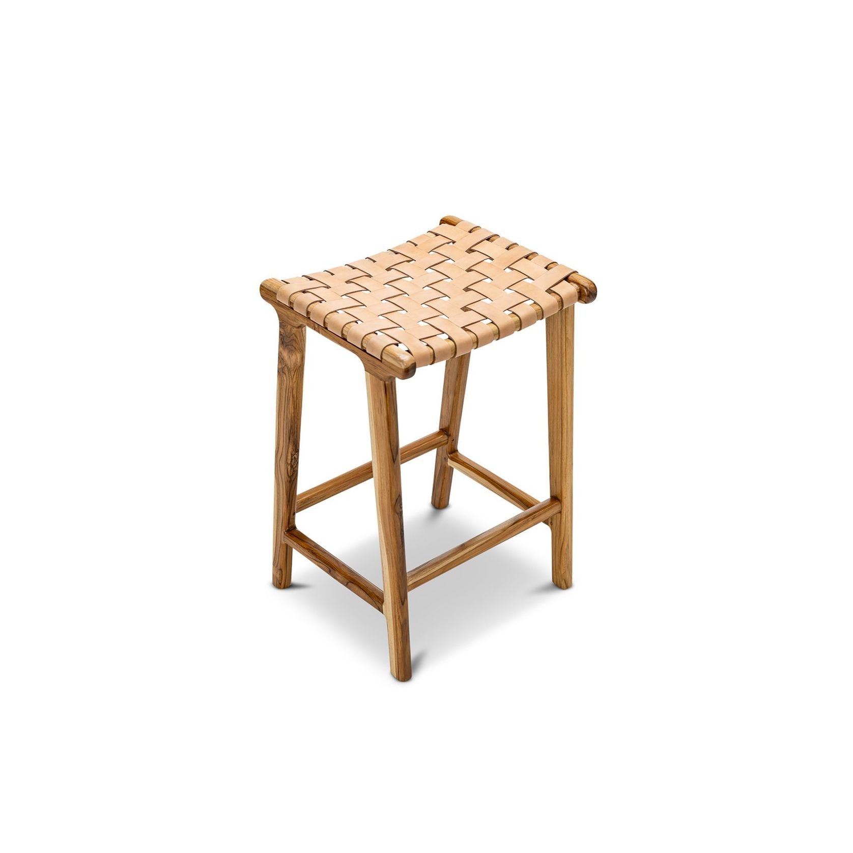 Lazie Leather Strapping Bar Stool | 66cm | Teak & Natural Tan gallery detail image