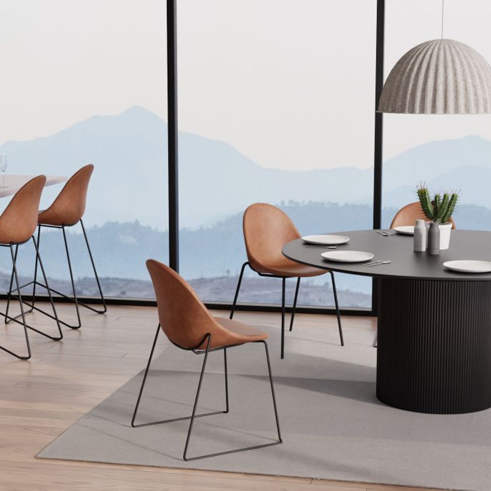 Pebble Stool Brown Upholstered Vintage Seat - Counter Stool 65cm Seat - Black Base gallery detail image