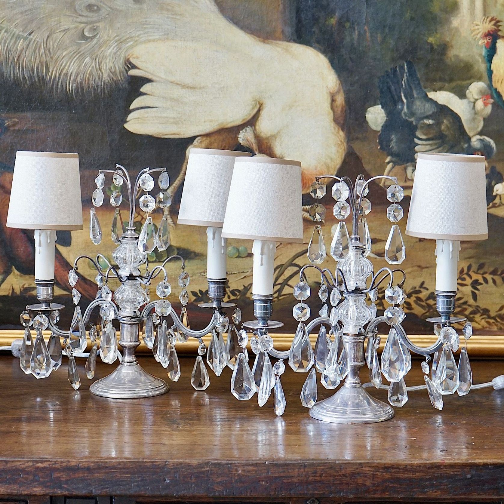 French Antique Silver & Glass Girandole Lamps gallery detail image