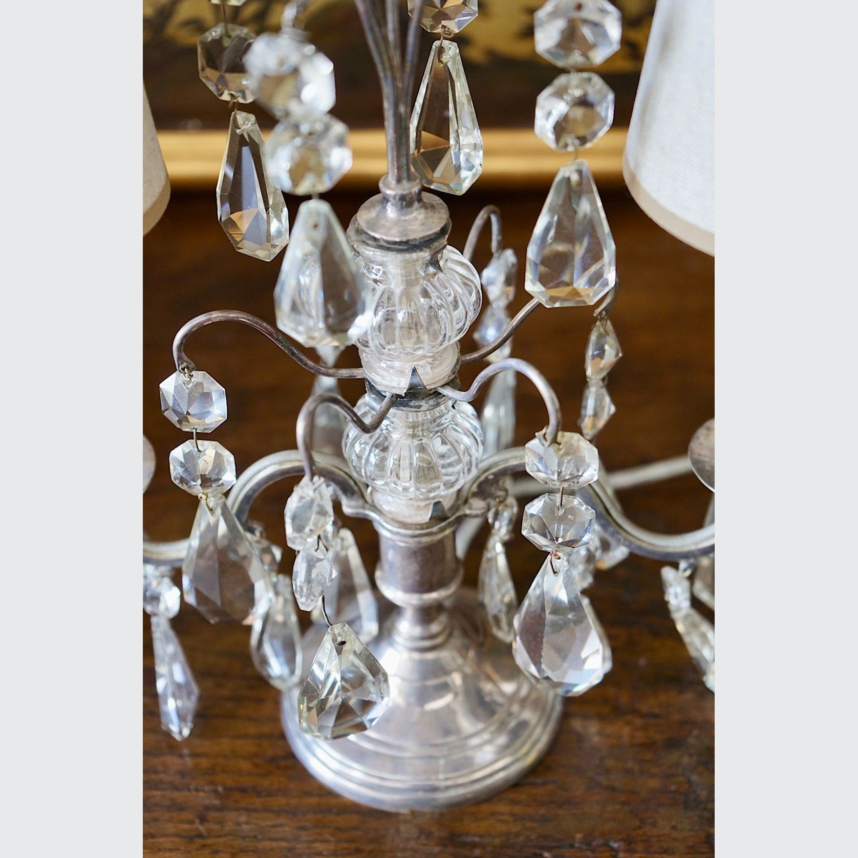 French Antique Silver & Glass Girandole Lamps gallery detail image