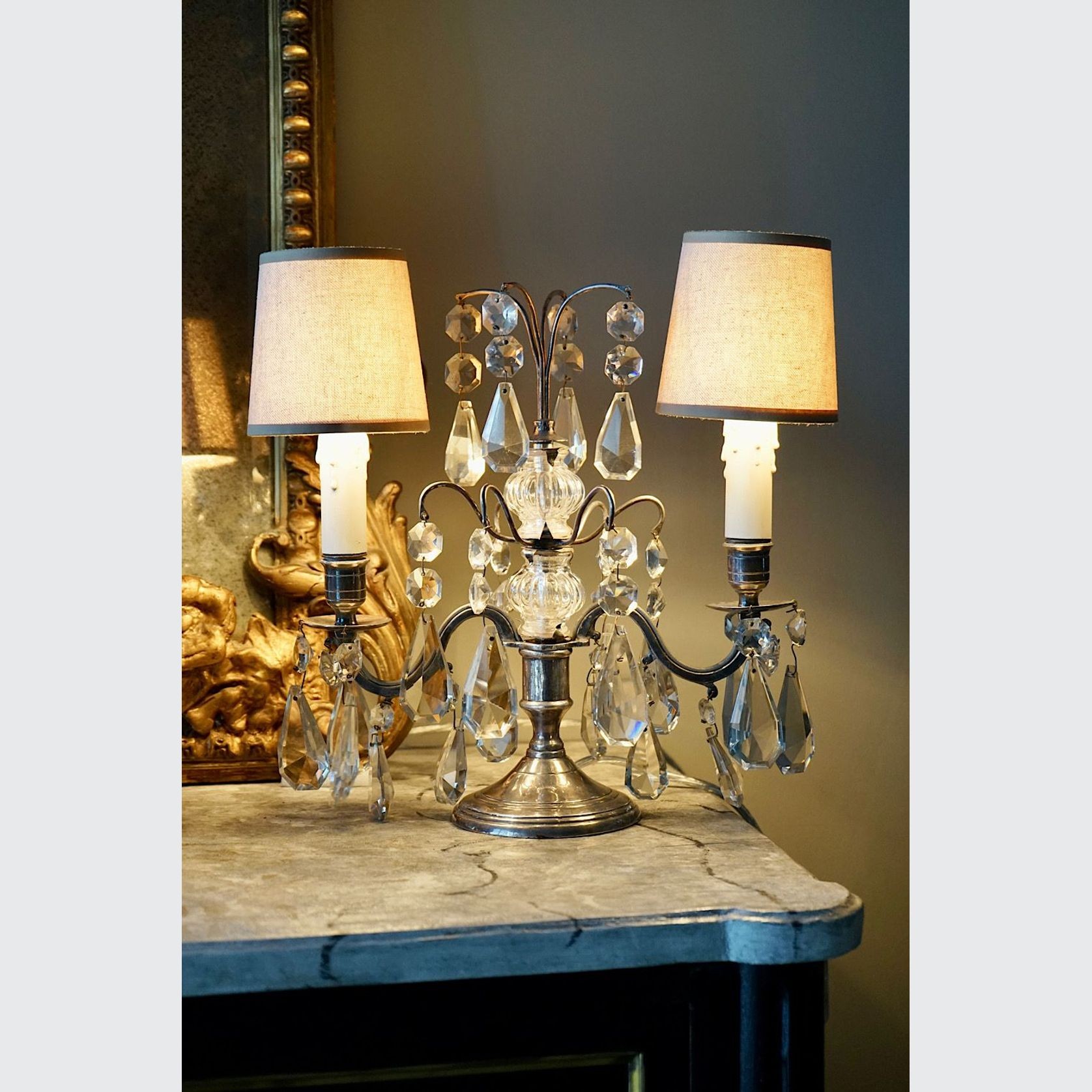 French Antique Silver & Glass Girandole Lamps gallery detail image