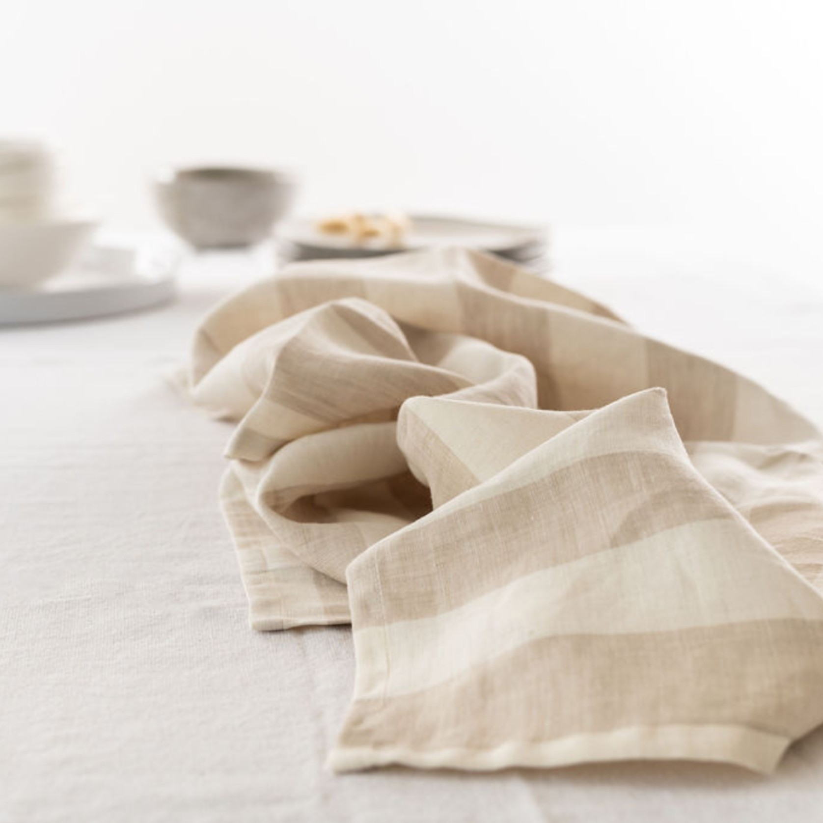 100% French Linen Tea Towel - Set 2-Wide Natural Stripe gallery detail image