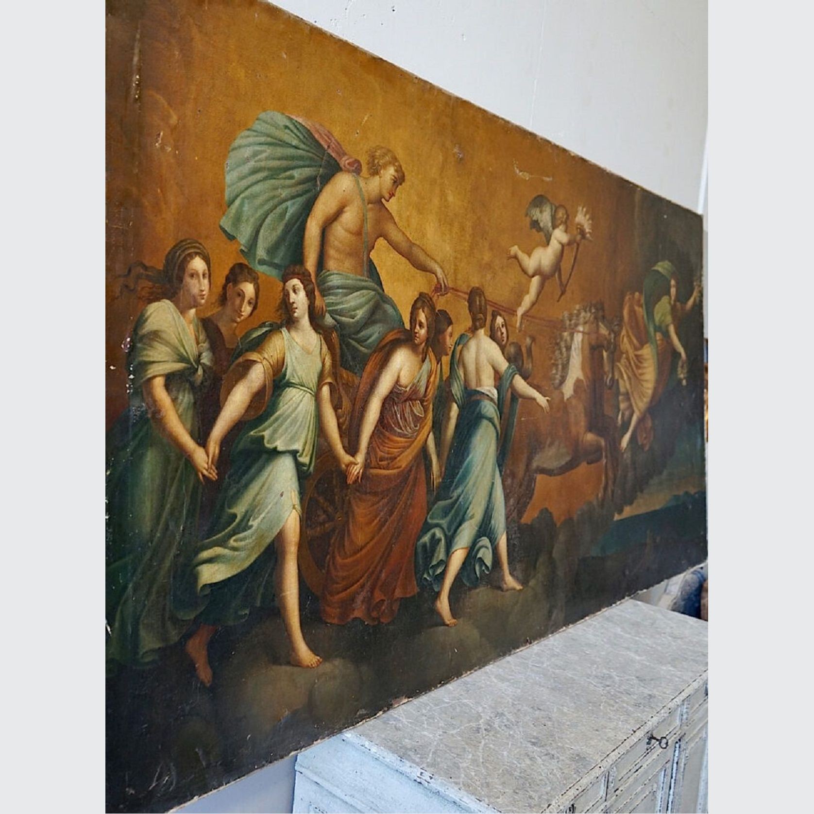 Large Italian Antique Oil Painting of Aurora & Apollo gallery detail image