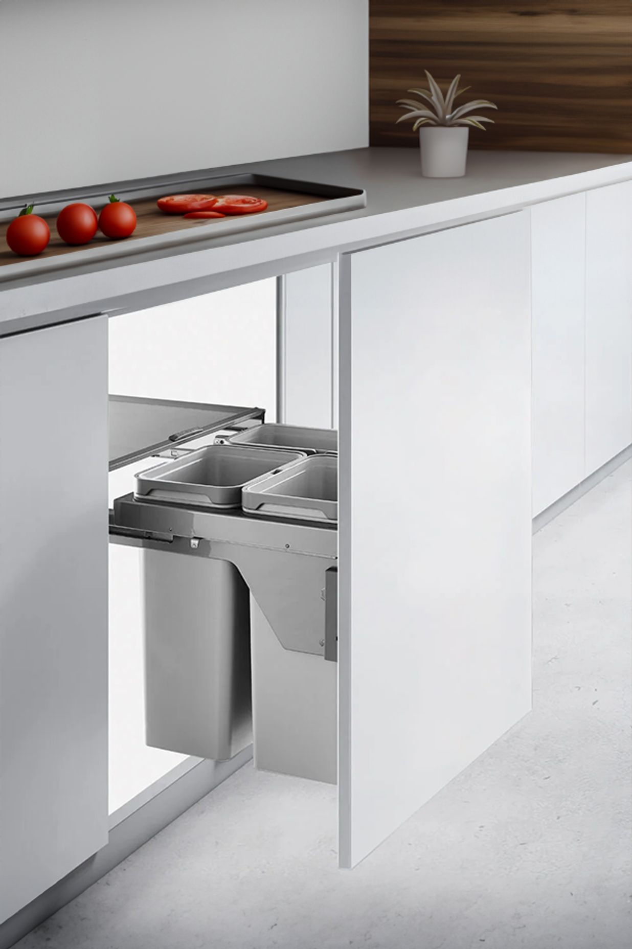 “A lot of the bin designs today really use cupboard space well – many allow you to triple-sort your waste with organics, recycling and general waste with three bins in a pullout system.”