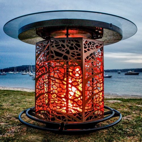 Glass Table Fireplace with Laser Cut Jacket