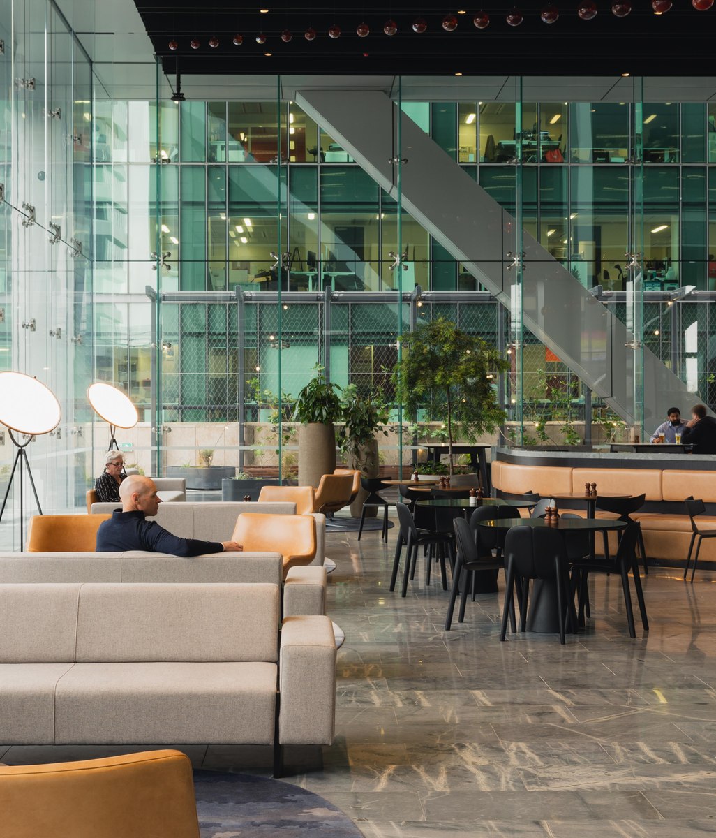 The interior design of Commercial Bay's Sky Lobby balances the warmth of a welcome with corporate finesse