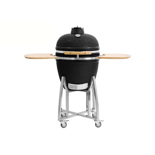 Black 21-Inch Kamado Ceramic Charcoal Grill With Silver Rolling Cart