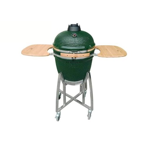 Green 21-Inch Kamado Ceramic Charcoal Grill With Silver Rolling Cart