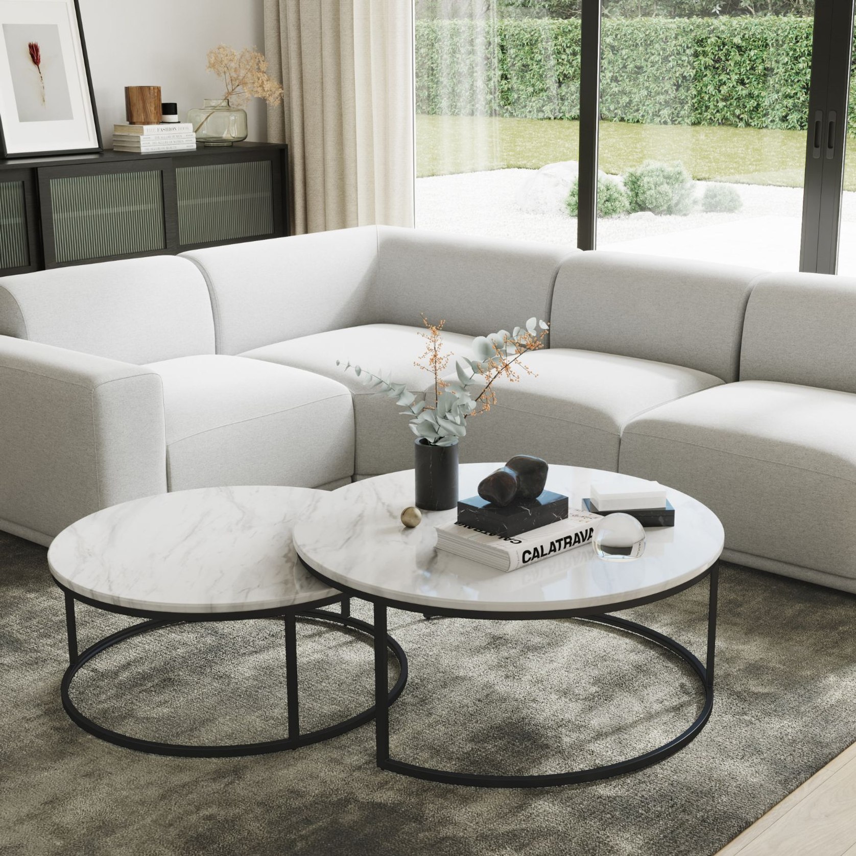 Khloe White Marble Round Nest Coffee Table Black ArchiPro AU