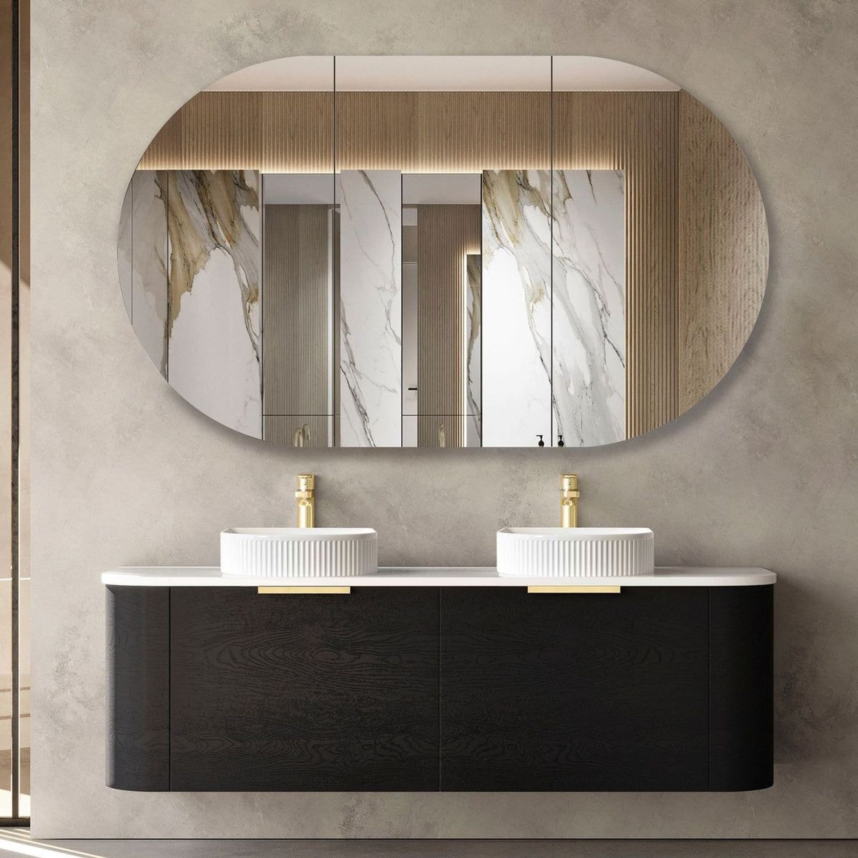 Otti Bond Curve Double Bowl | Vanity | 1500 | Black Oak | ArchiPro AU