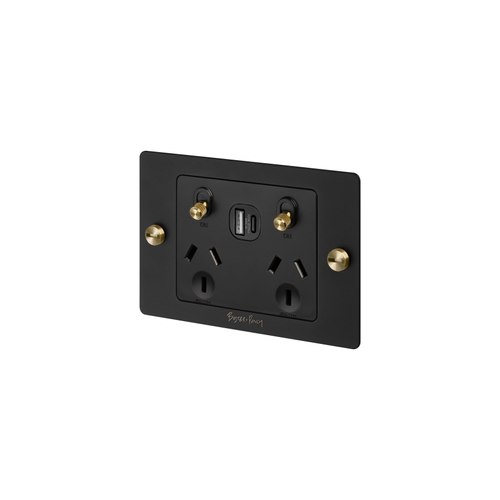 Black 2 Gang GPO Socket Switch + Single USB A + C