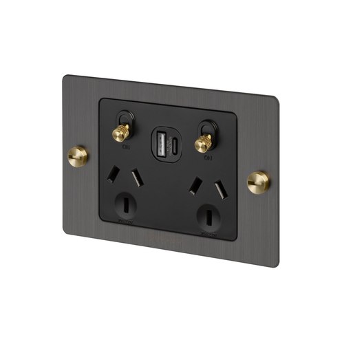 Smoked Bronze 2 Gang GPO Socket Switch + Single USB A + C