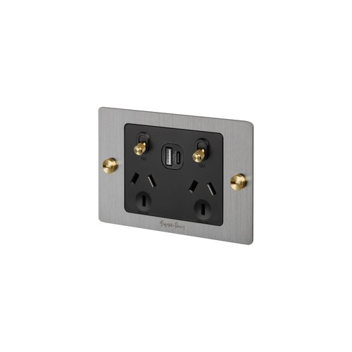 Stainless Steel 2 Gang GPO Socket Switch + Single USB A + C