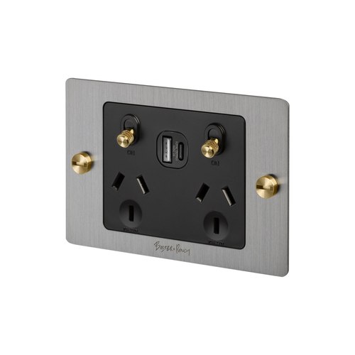 Stainless Steel 2 Gang GPO Socket Switch + Single USB A + C