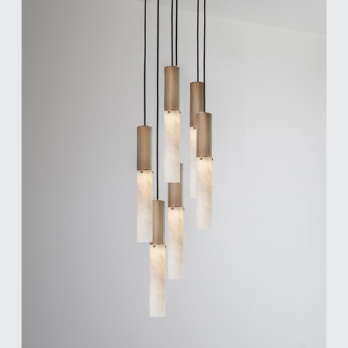 Antique Brass Flume Alabaster 6lt Pendant Light