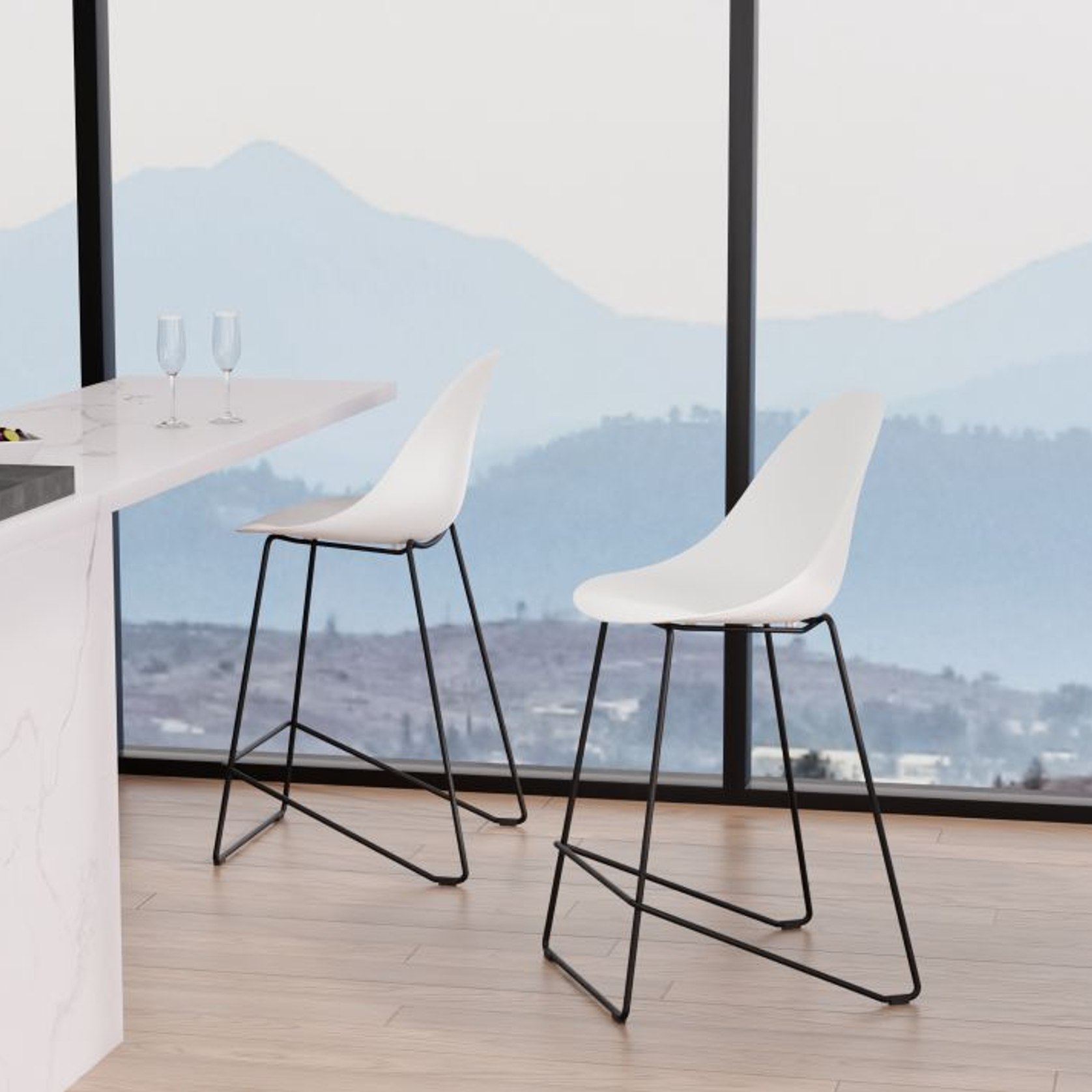 Pebble White Stool Shell Seat Bar Stool 75cm Seat Height Black